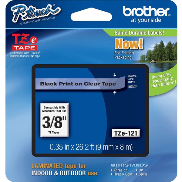 Brother Brother 9mm (3/8") Black on Clear Laminated Tape (8m/26.2') TZE121